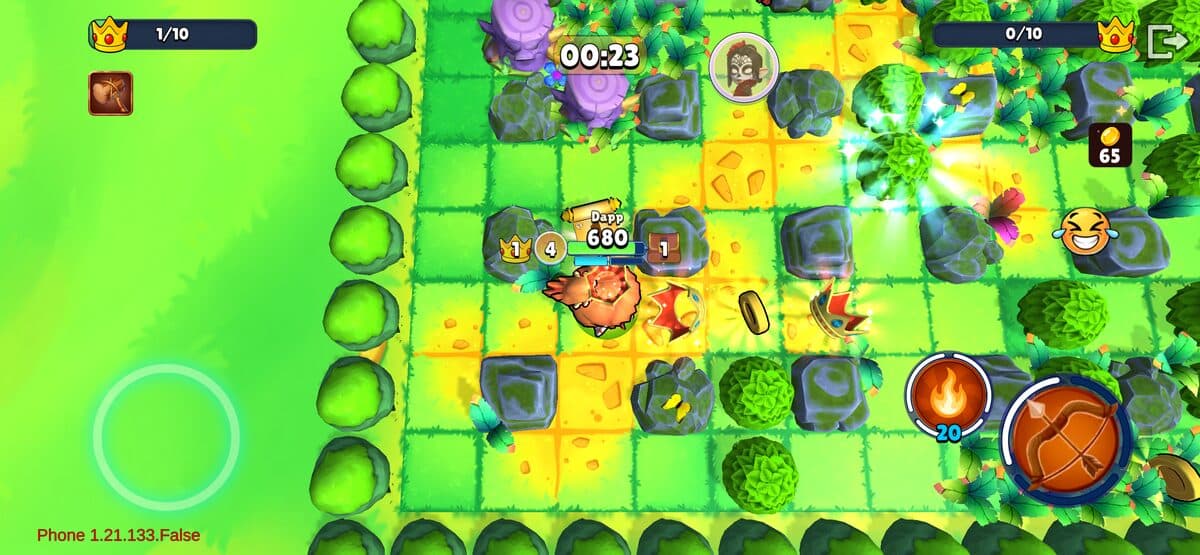 Spelltroum gameplay — crowns and coins on the arena map